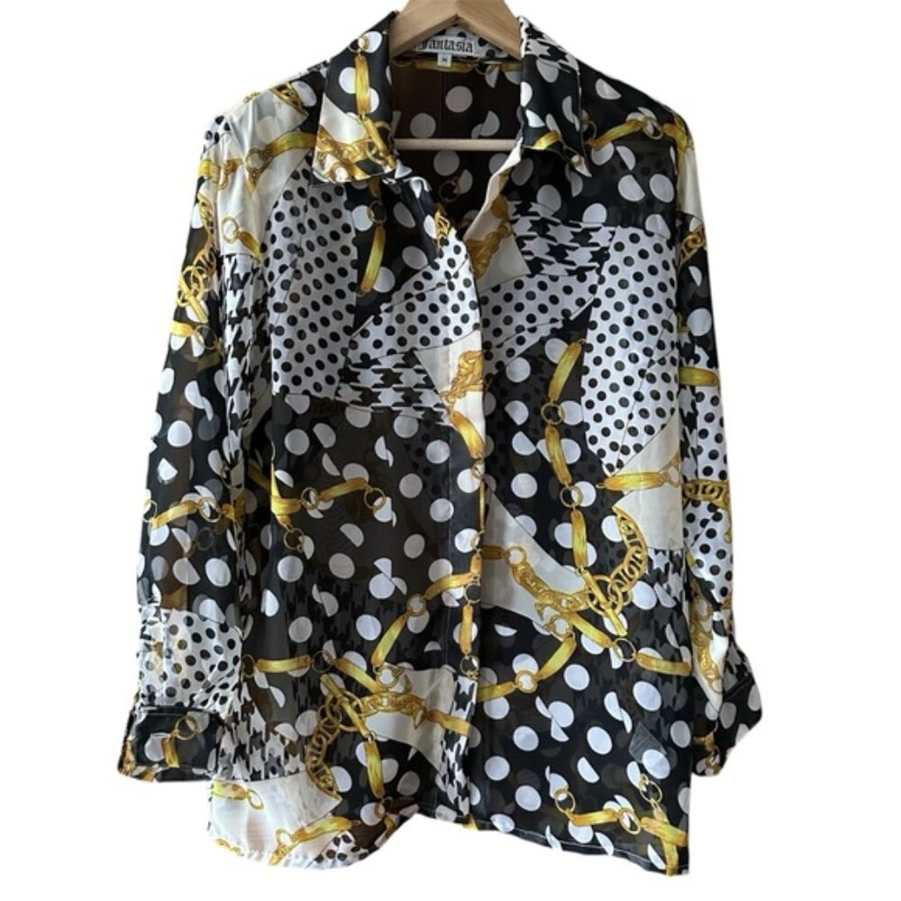 Vintage 90’s Button Up Shirt Polka Dots Gold Chains Black Yellow White - M